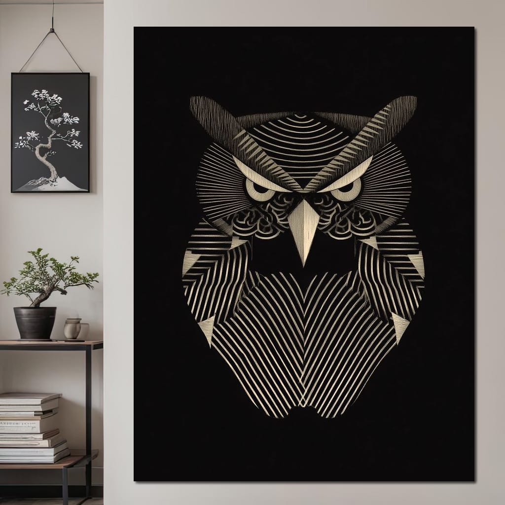 Golden Geometric Owl Guardian Canvas Wall Art
