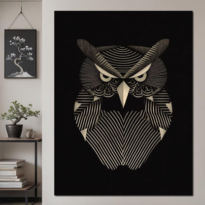 Golden Geometric Owl Guardian Canvas Wall Art