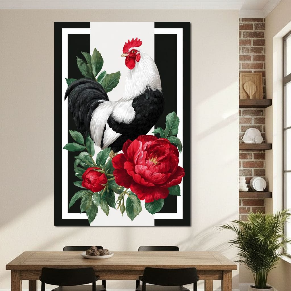 Rooster With Peony Garden Canvas Wall Art