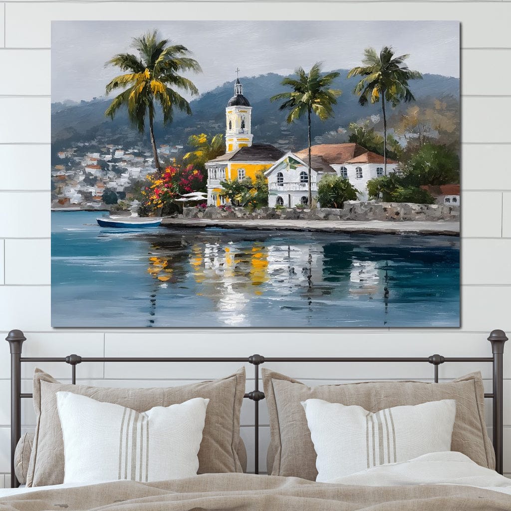 Tropical Harbor Church View Canvas Wall Art