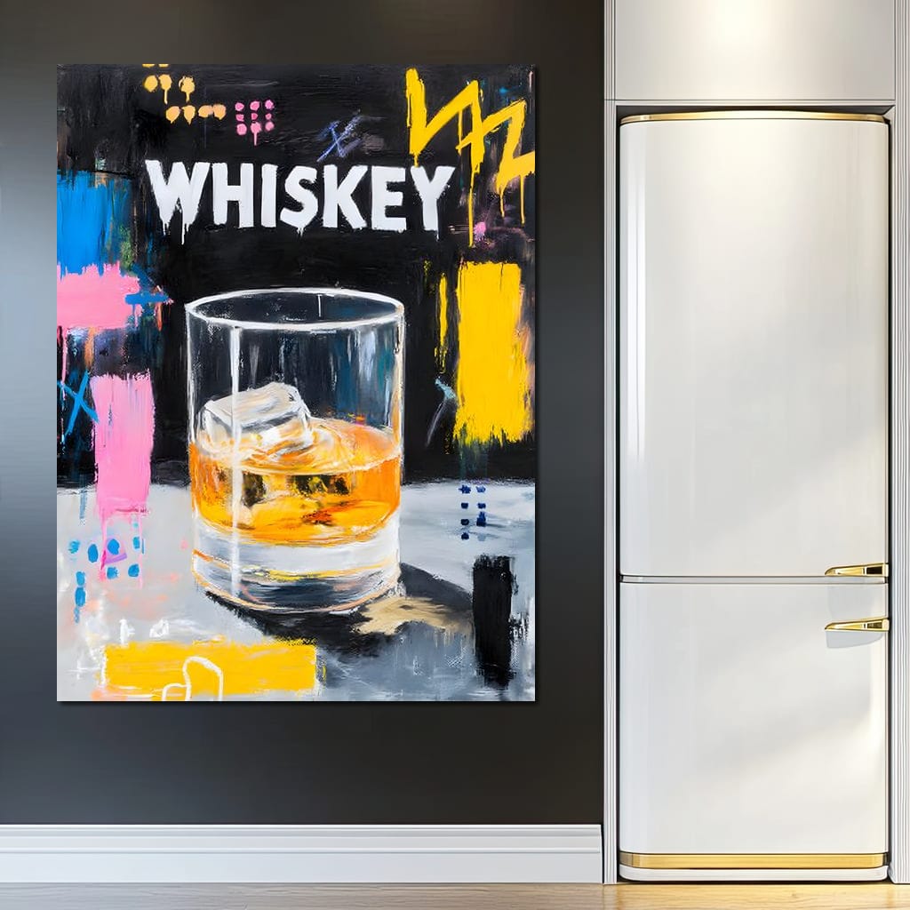 Neon Whiskey On The Rocks Canvas Wall Art