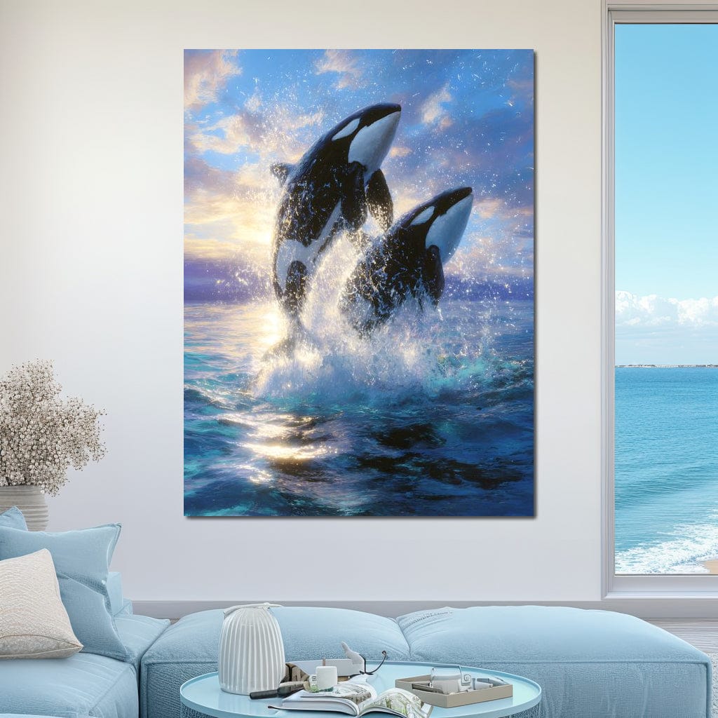 Breaching Orcas Dawn Ocean Dance Canvas Wall Art