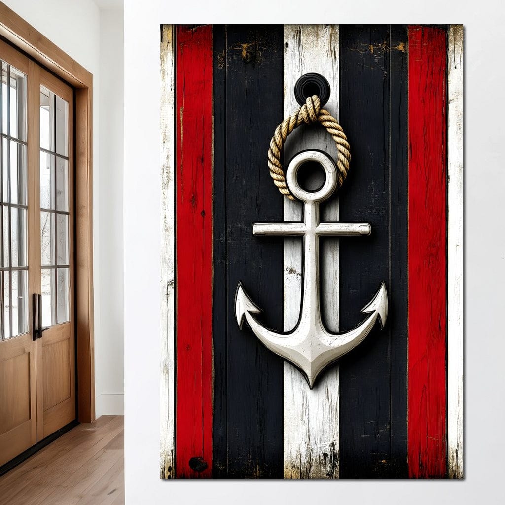 Nautical Anchor on Stripes Canvas Wall Art