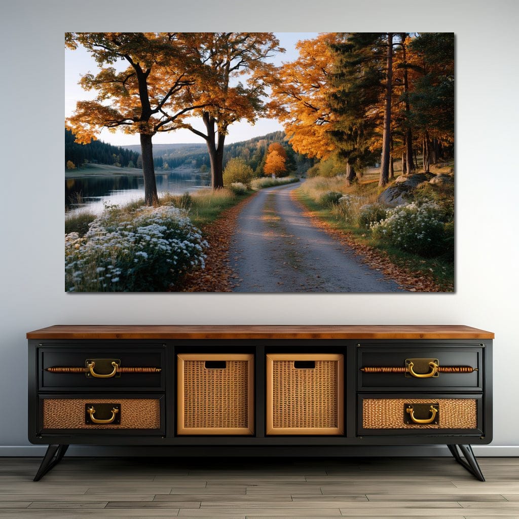 Autumn Lake Pathway Glow Canvas Wall Art