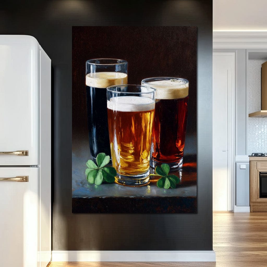 Stout Ale Lager With Shamrocks Canvas Wall Art