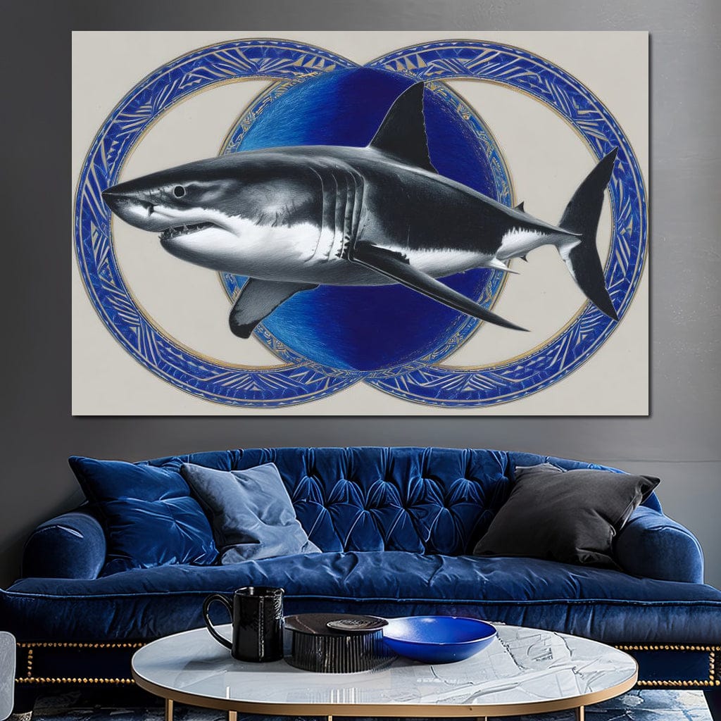 Great White Shark Emblem Blue Canvas Wall Art
