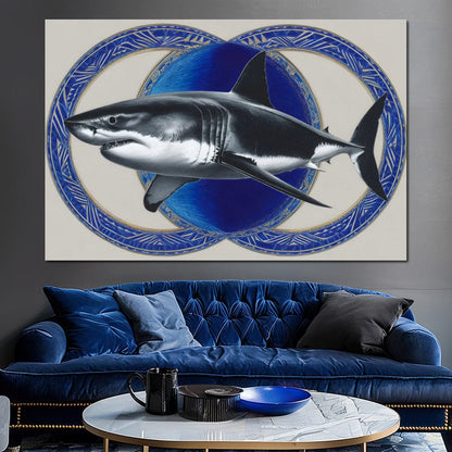 Great White Shark Emblem Blue Canvas Wall Art
