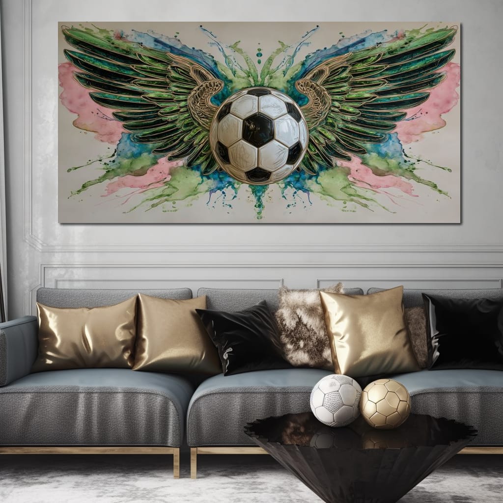 Winged Soccer Ball Watercolor Canvas Wall Art