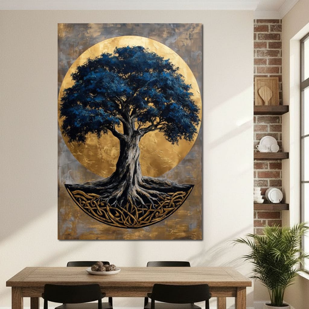 Golden Halo Blue Tree of Life Canvas Wall Art