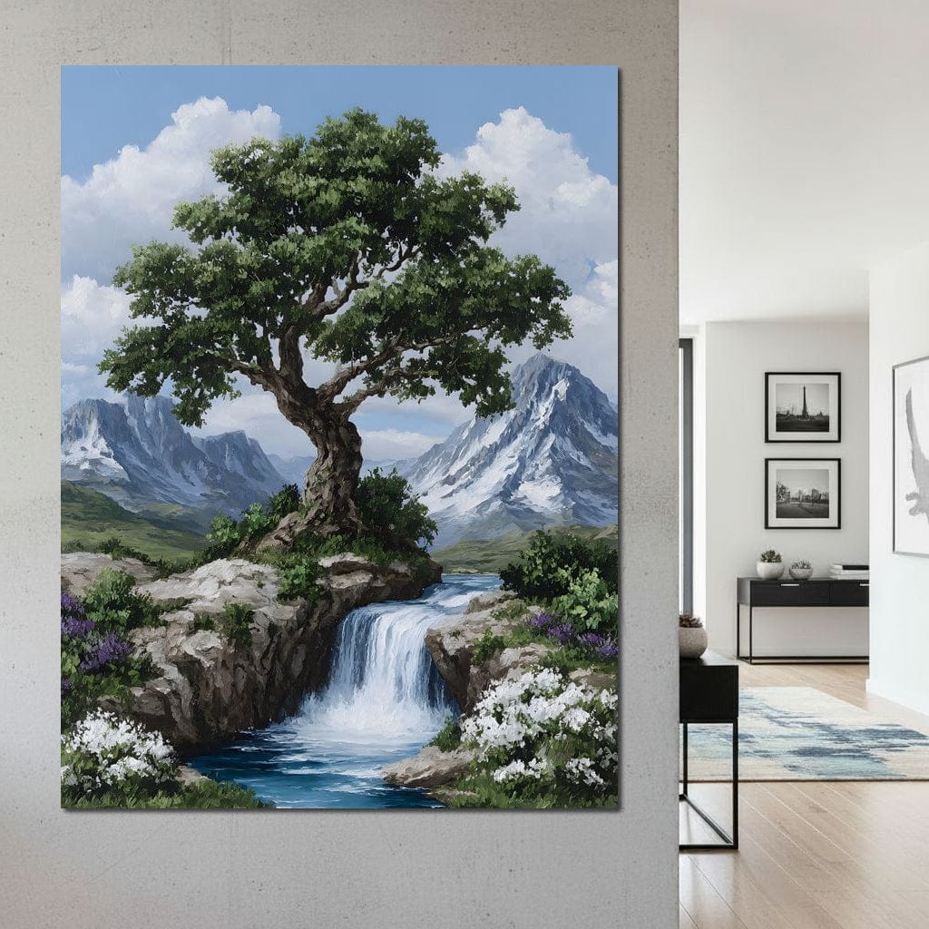 Majestic Tree Mountain Falls Canvas Wall Art