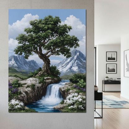 Majestic Tree Mountain Falls Canvas Wall Art