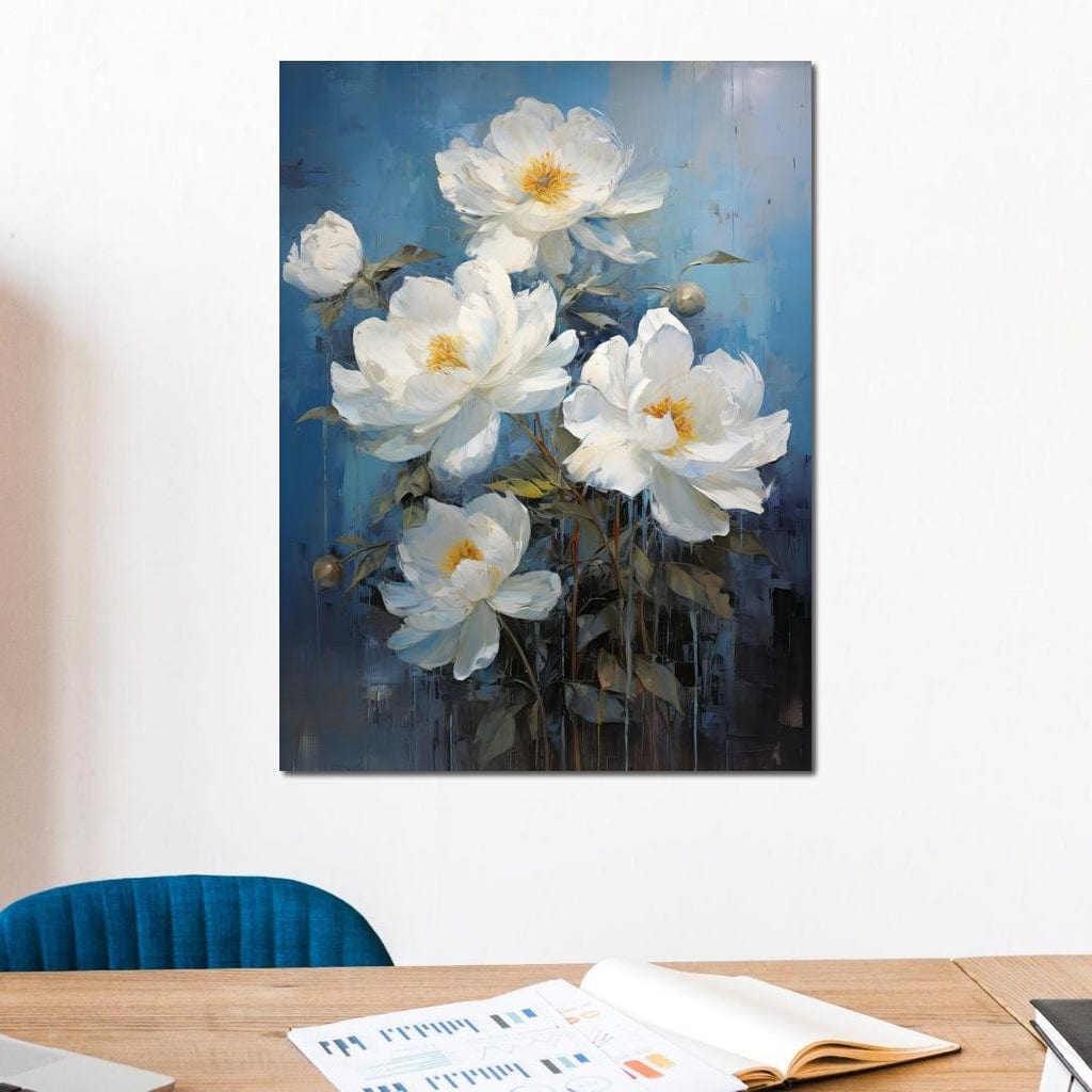 White Peonies on Light Blue Background Canvas Wall Art