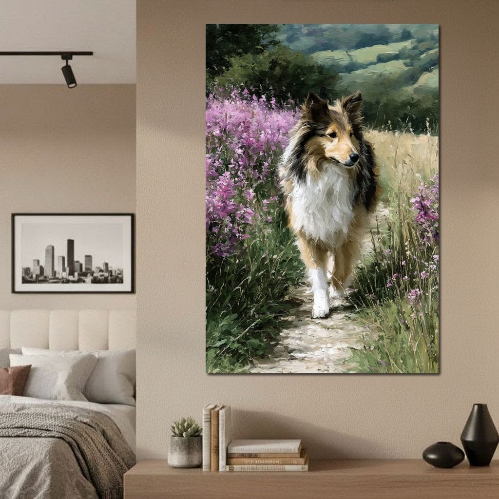 Sheltie Meadow Path Portrait Canvas Wall Art