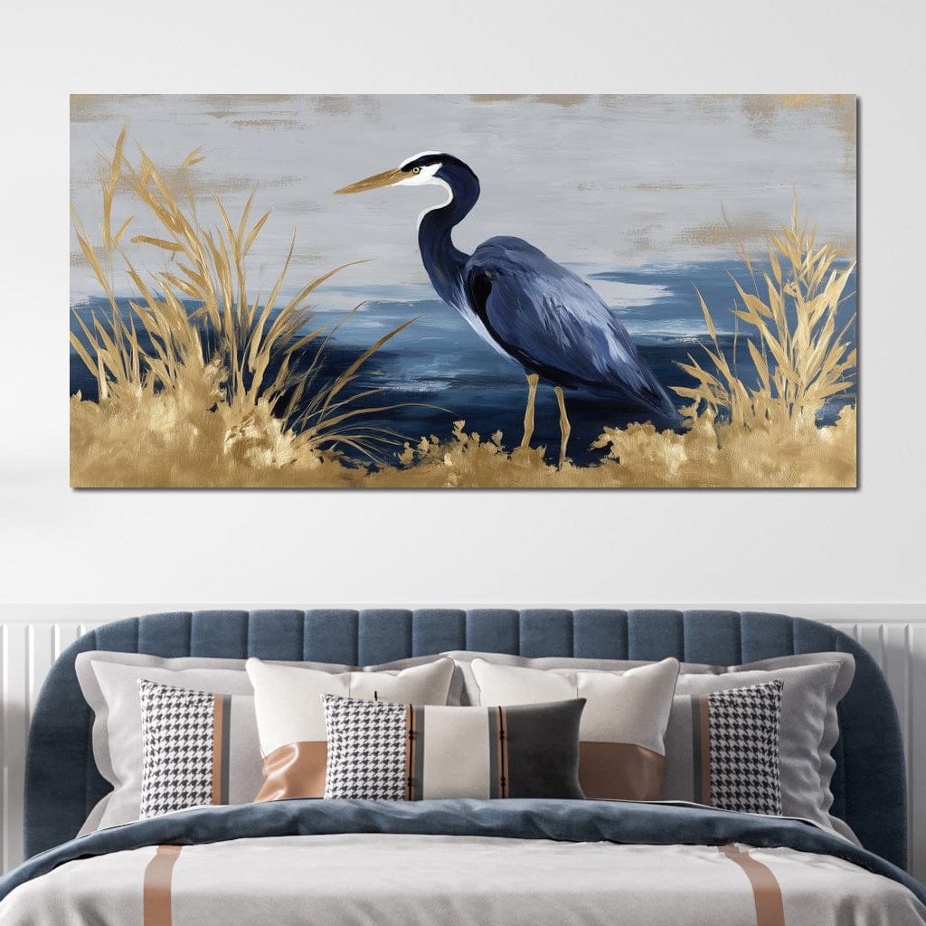Coastal Heron Gold Reeds Canvas Wall Art