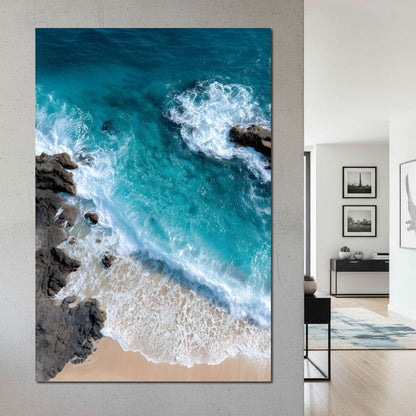 Turquoise Tide on Rock Shore Canvas Wall Art