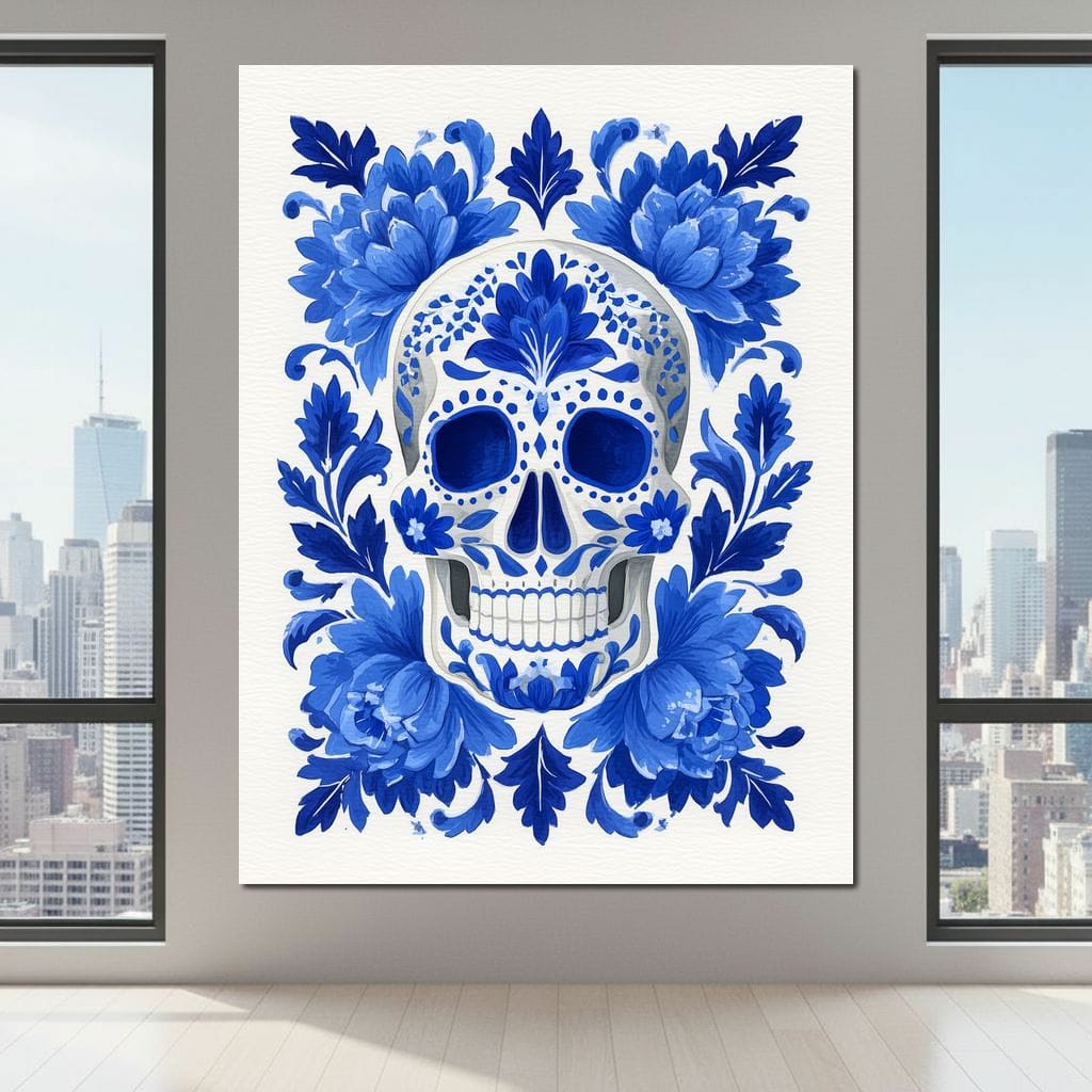 Blue Floral Sugar Skull Folkstyle Canvas Wall Art