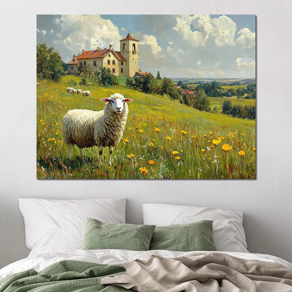 Meadow Sheep by the Countryside Canvas Wall Art