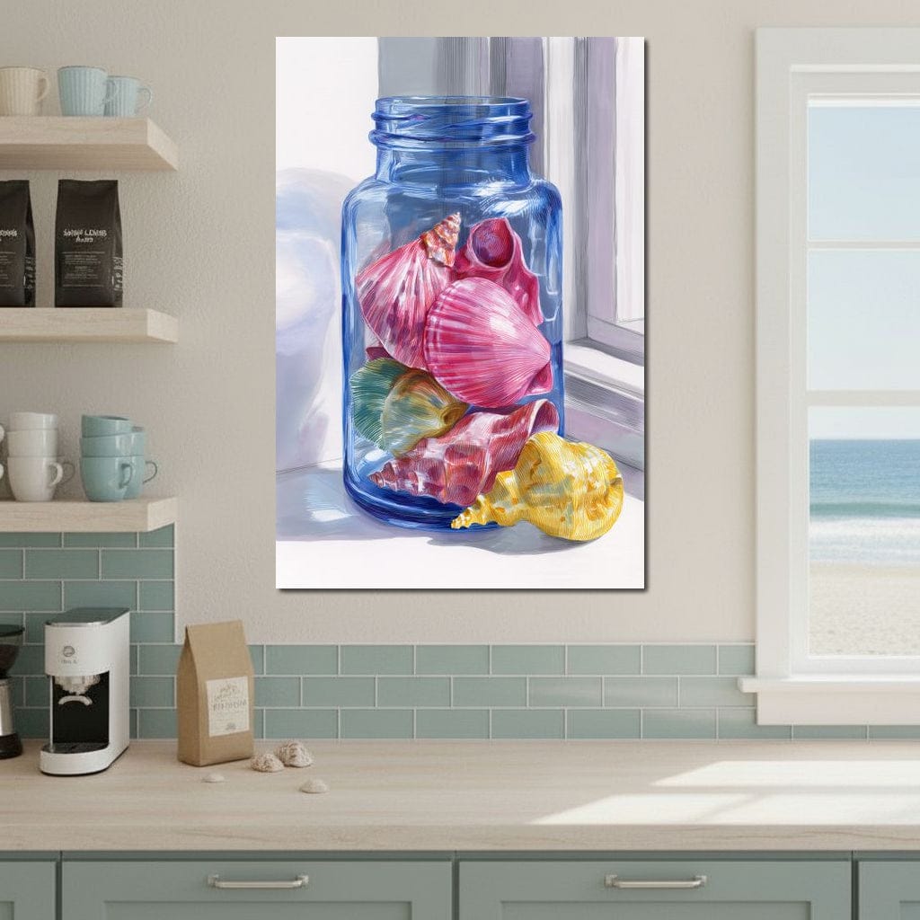 Seashells Jar Sunlit Window Canvas Wall Art