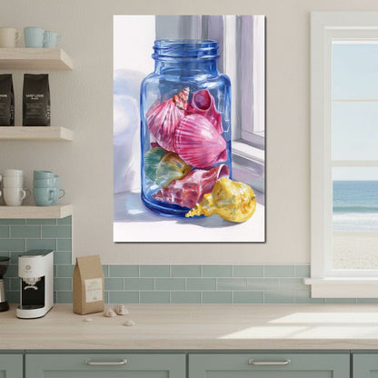 Seashells Jar Sunlit Window Canvas Wall Art