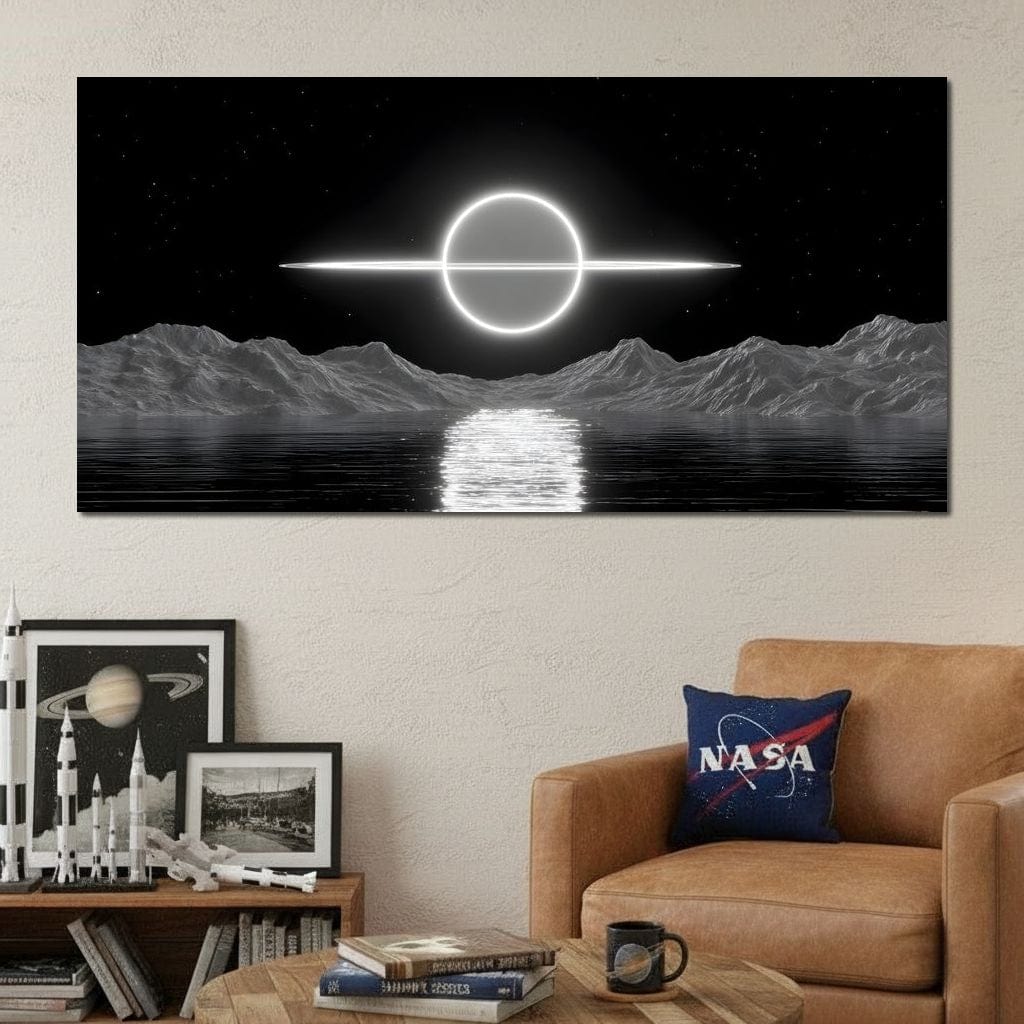 Celestial Orbit Over Silver Sea Canvas Wall Art