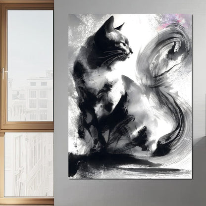 Sumi Ink Cat Reflecting Shadow Canvas Wall Art