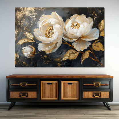 Golden Petals on Midnight Canvas Wall Art