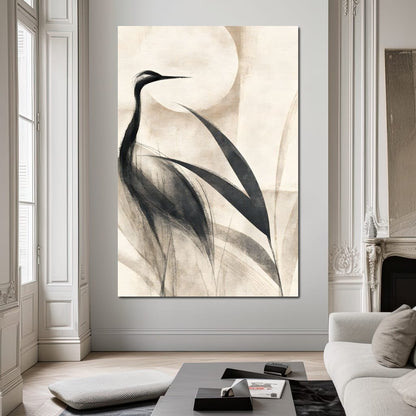 Lone Crane Watching The Pale Disc Canvas Wall Art