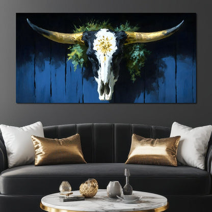 Golden Longhorn Skull Rustic Canvas Wall Art