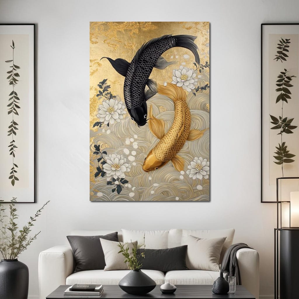 Koi Harmony with White Blossoms Canvas Wall Art