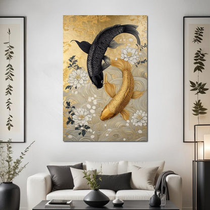 Koi Harmony with White Blossoms Canvas Wall Art