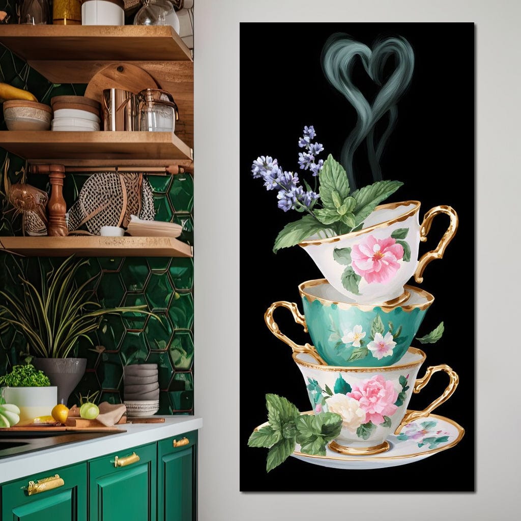 Golden Teacups Botanical Romance Canvas Wall Art
