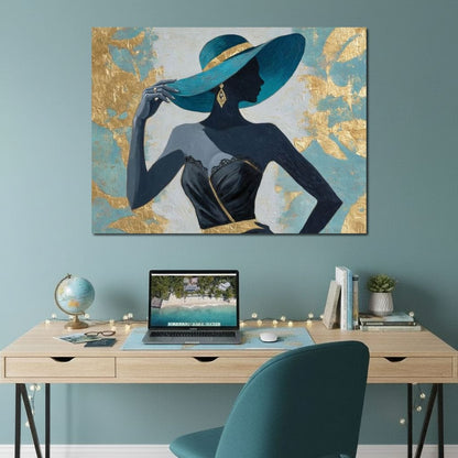 Golden Teal Elegance Lady Canvas Wall Art