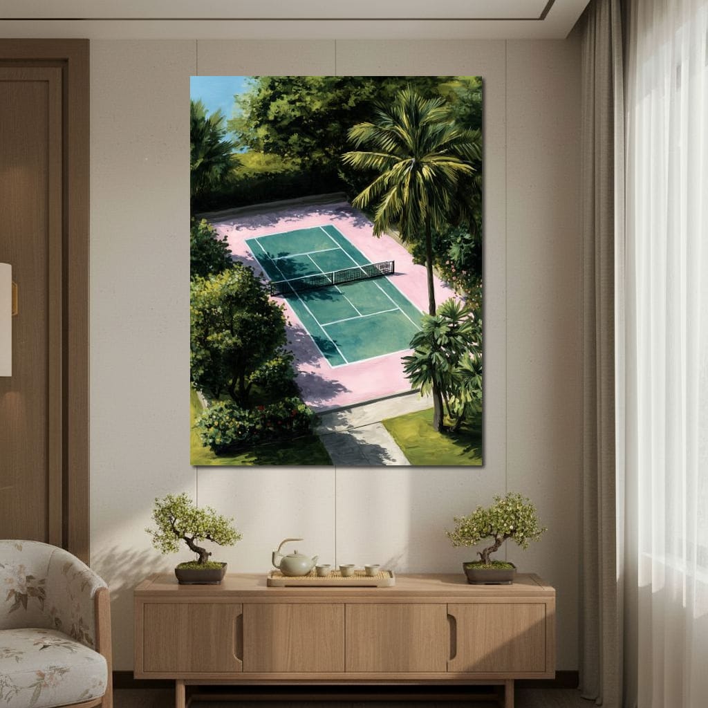 Palm Court Tennis Retreat Scene Canvas Wall Art