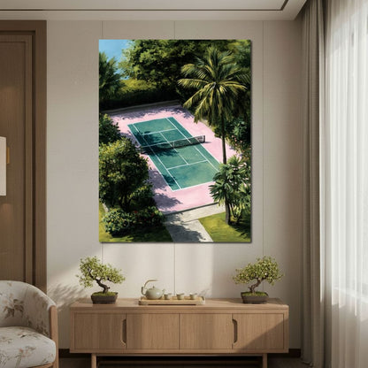 Palm Court Tennis Retreat Scene Canvas Wall Art