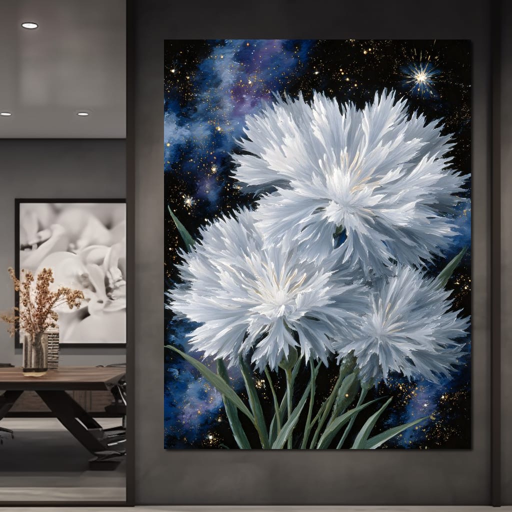 Starlit White Mum Bouquet Canvas Wall Art
