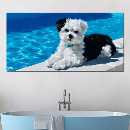 Puppy Relaxation by the Pool Canvas Wall Art