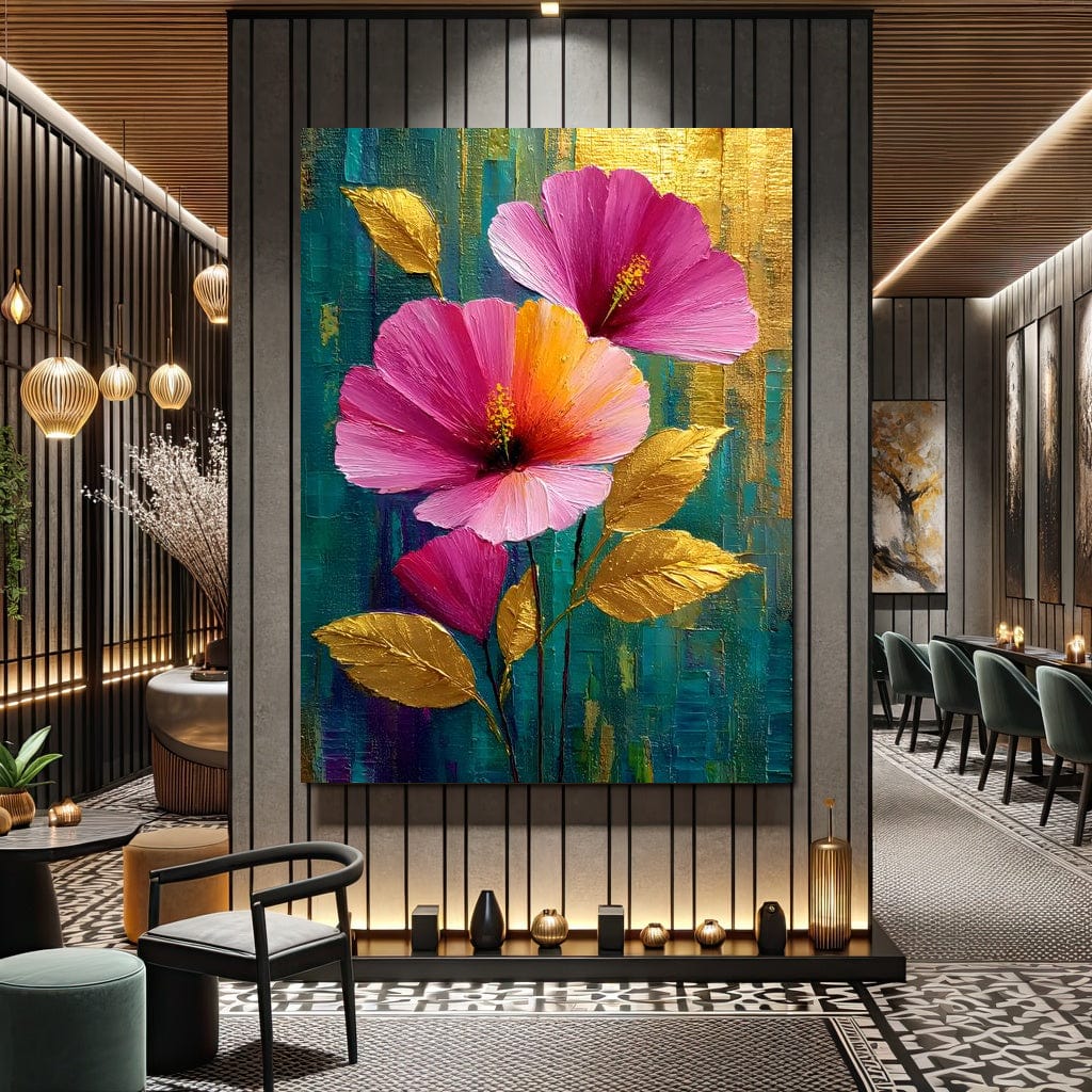 Teal Garden Golden Petals Flourish Canvas Wall Art