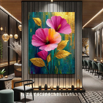 Teal Garden Golden Petals Flourish Canvas Wall Art