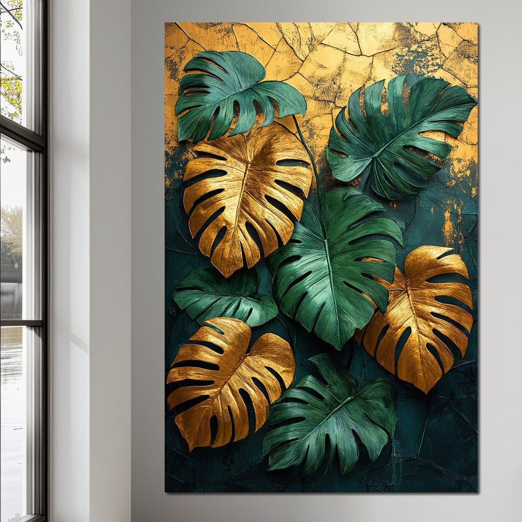 Golden Monstera Leaves Canvas Wall Art