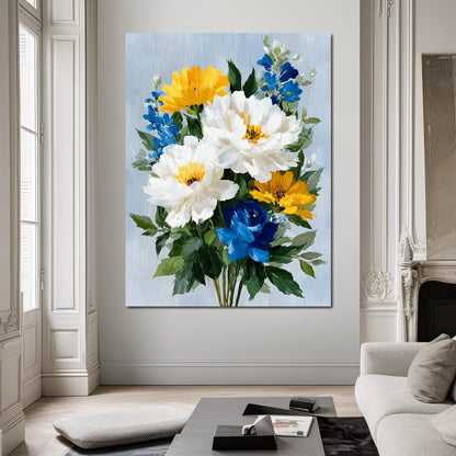 Golden White Blue Garden Posey Canvas Wall Art