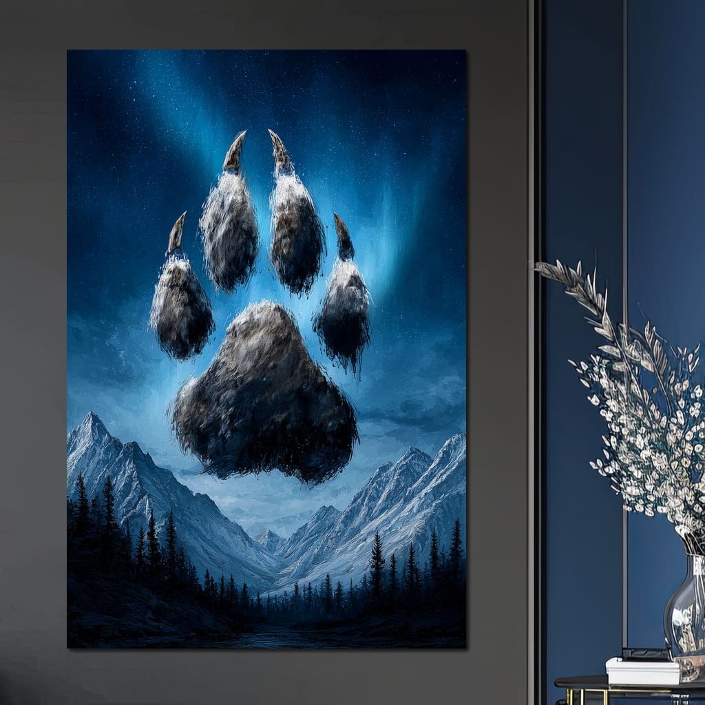Celestial Wolf Paw Over Peaks Canvas Wall Art