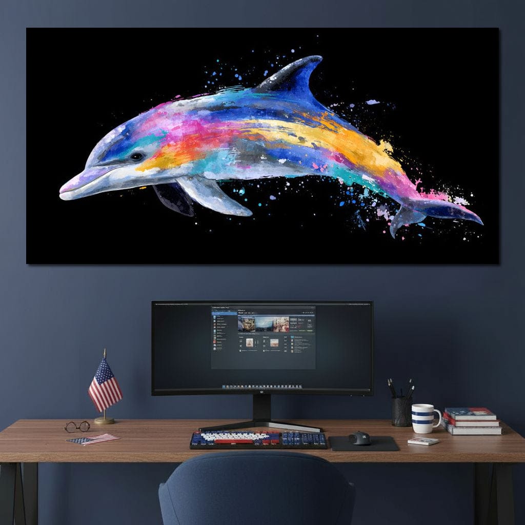 Rainbow Dolphin Splash Flight Canvas Wall Art
