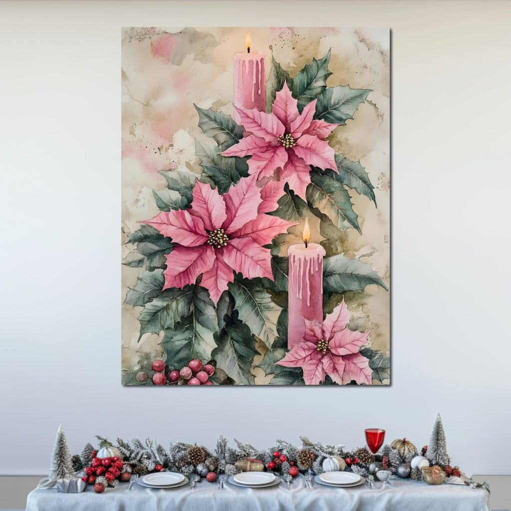 Festive Poinsettia Candle Glow Canvas Wall Art
