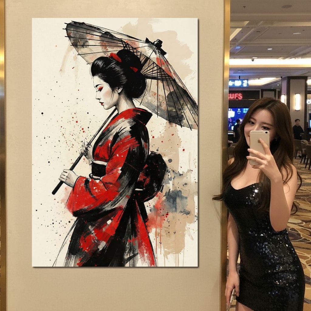 Japanese Woman with Umbrella Canvas Wall Art