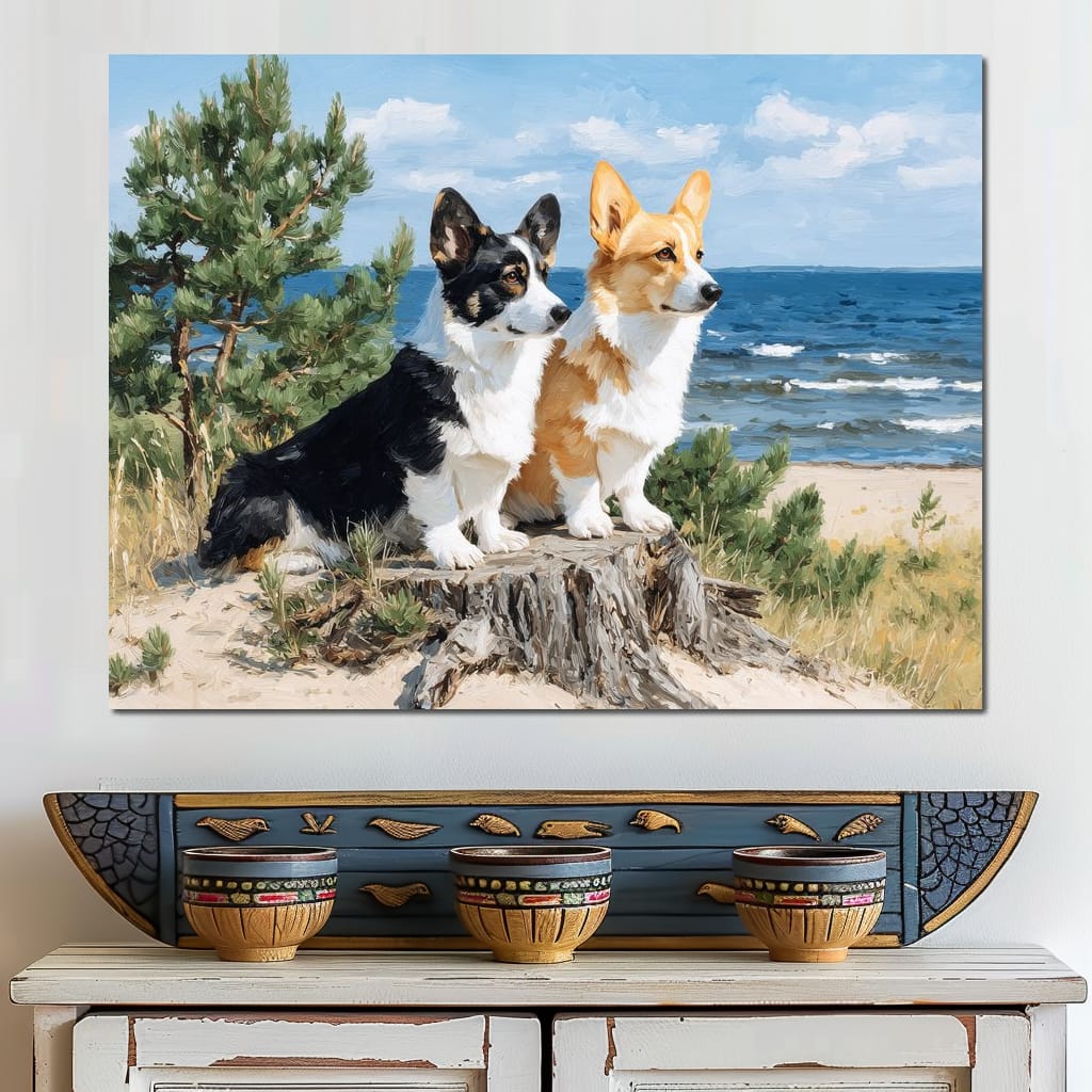 Coastal Corgi Pair Lookout Canvas Wall Art