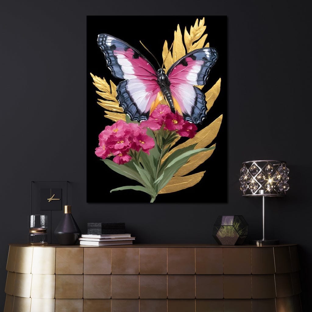Radiant Butterfly and Gold Florals Canvas Wall Art