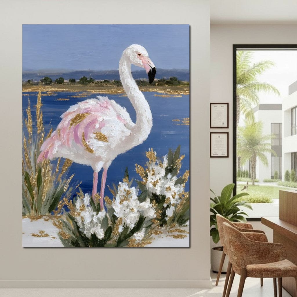 Coastal Flamingo Gold Glint Canvas Wall Art
