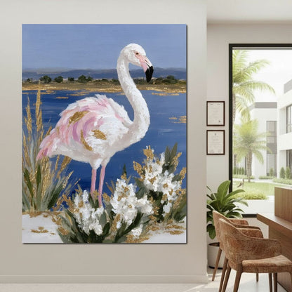 Coastal Flamingo Gold Glint Canvas Wall Art