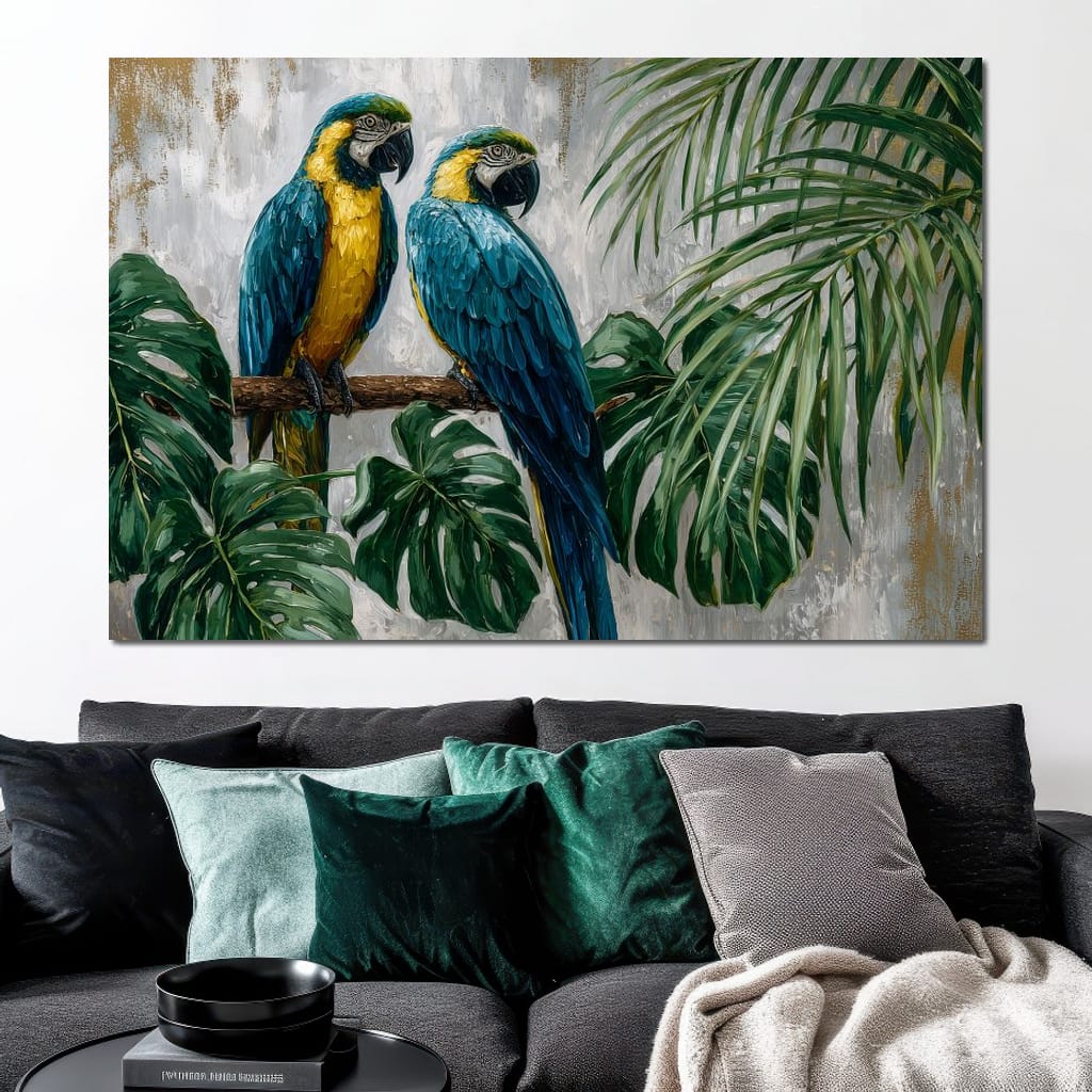 Tropical Parrot Pair Portrait Canvas Wall Art