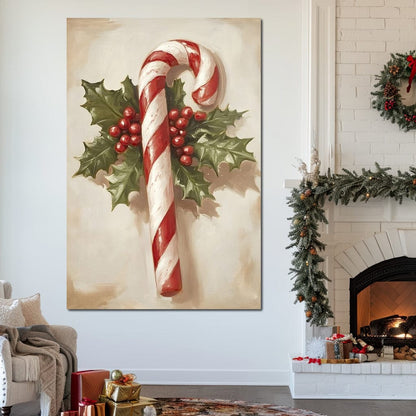 Christmas Candy Cane Holly Joy Canvas Wall Art